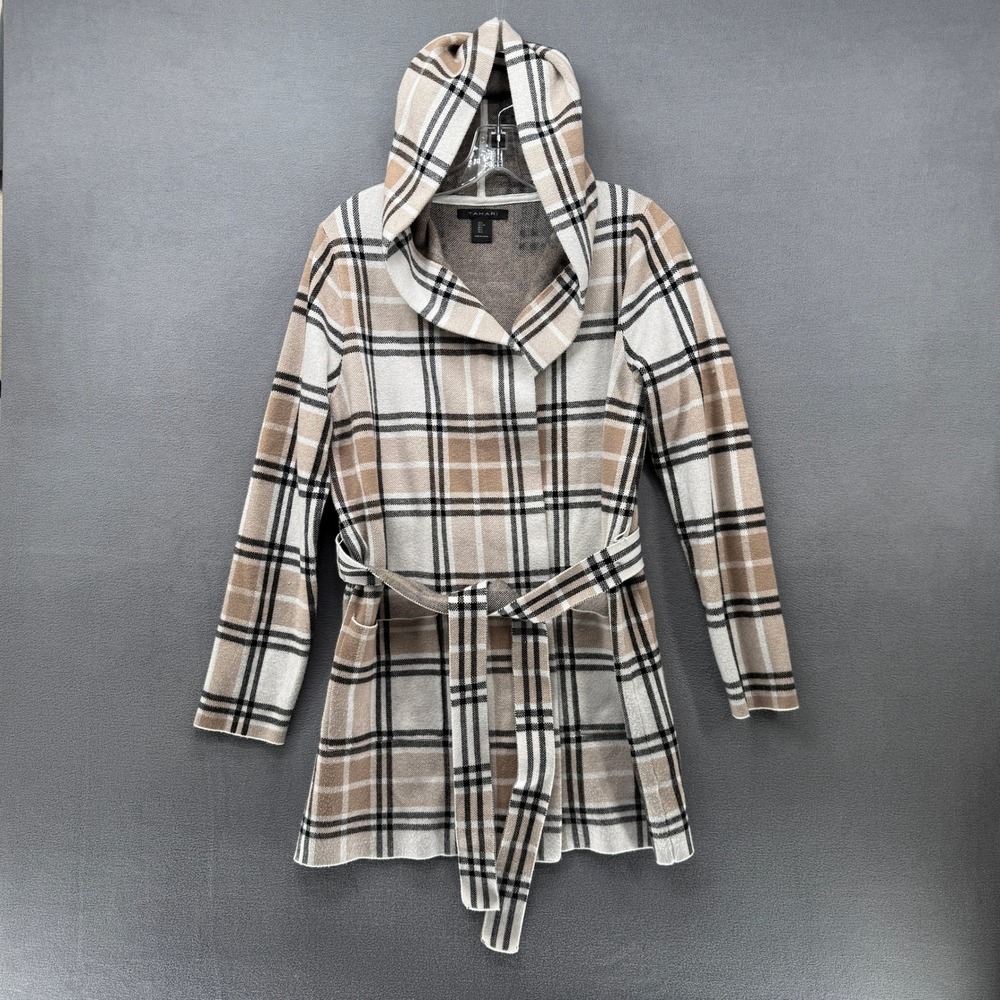 Tahari Womens Large Plaid Hooded Wrap Cardigan Belted Beige Cream Black Knit
